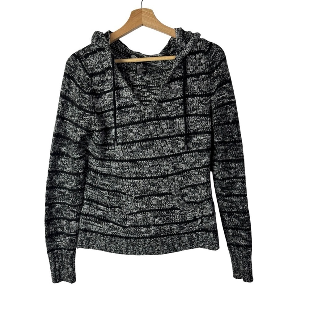 Ashley by 26 International Gray & Black Stripe Knit Hooded Sweater L